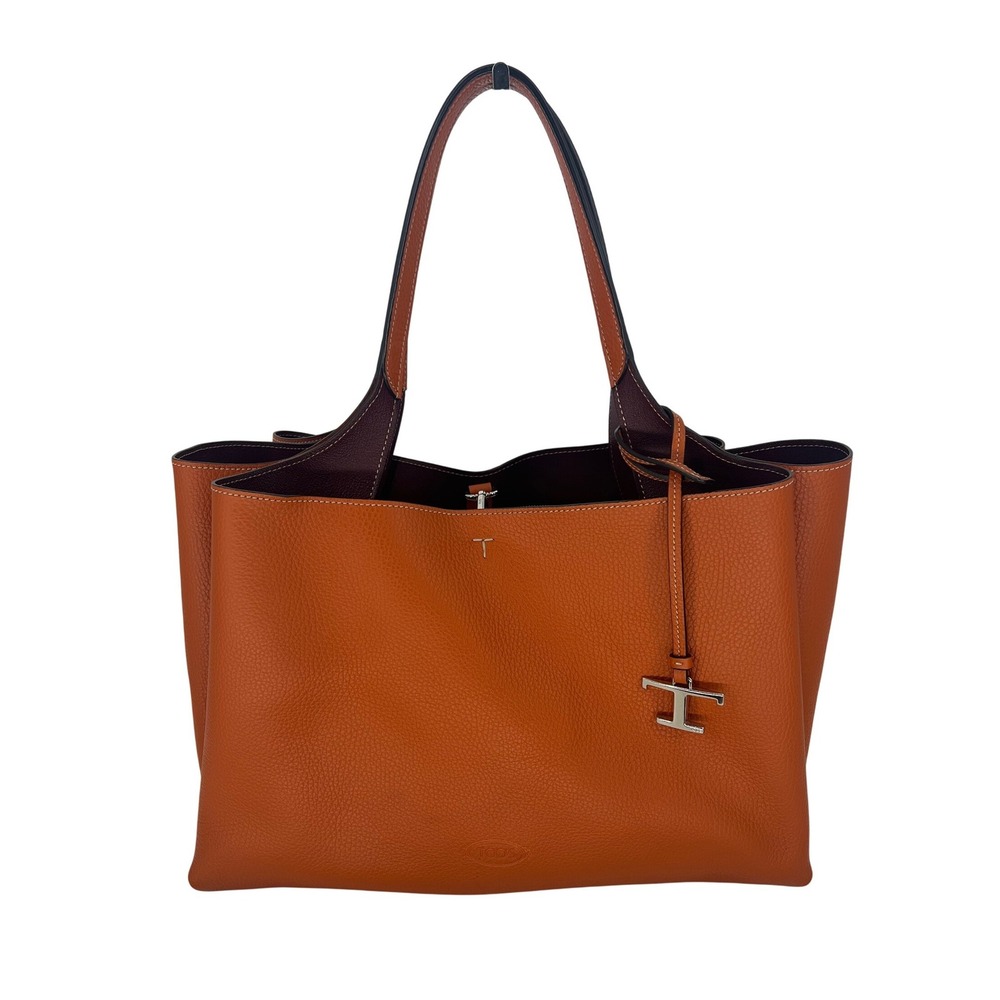 Tod's Medium Leather Tote Bag Orange Burgundy - Picture 6 of 16